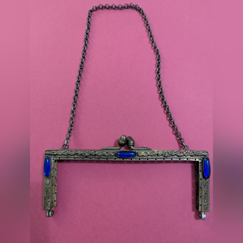 Antique Purse Frame w/Blue "Jewels" & Kiss Lock